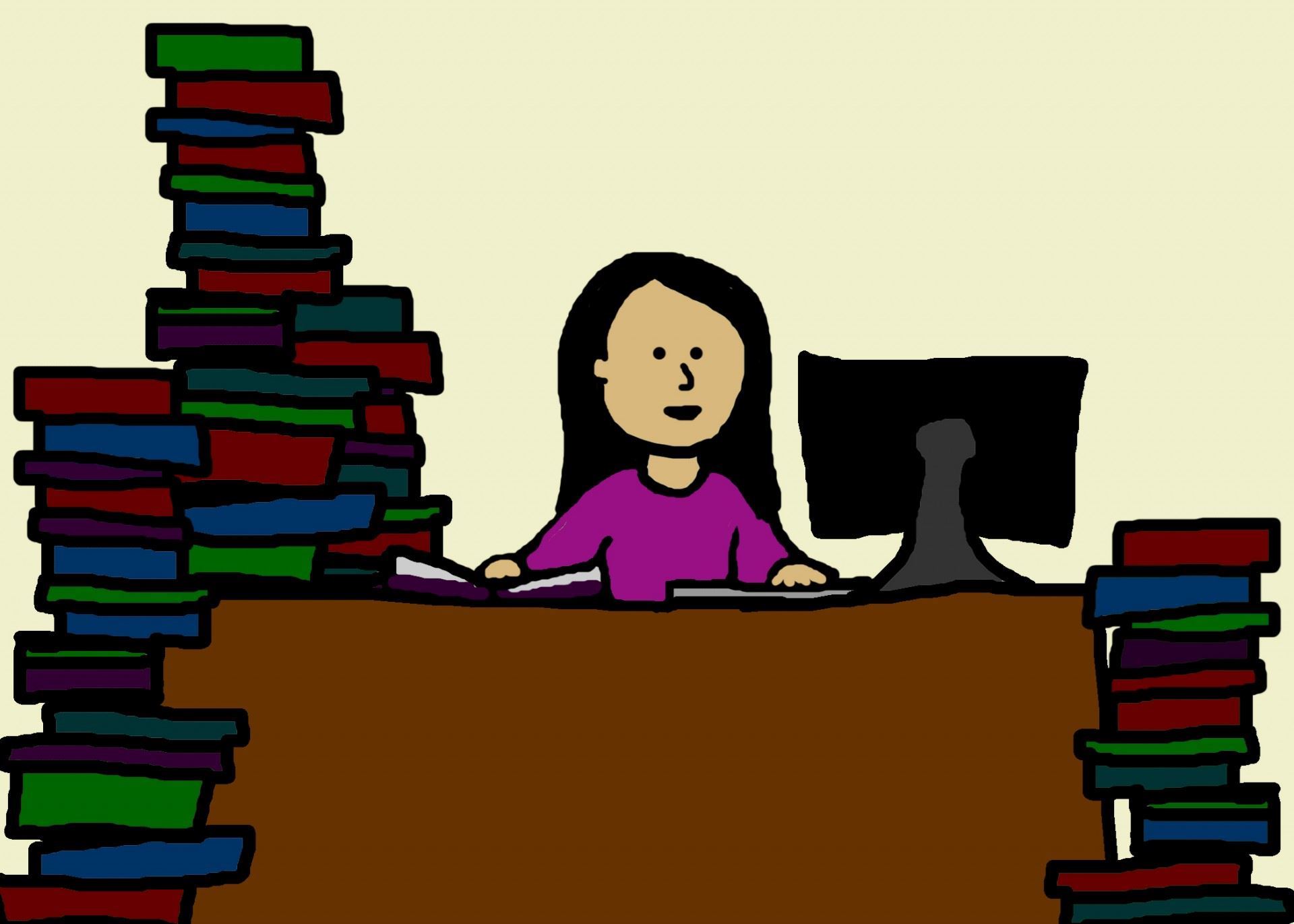Woman with book piles. Image source www.publicdomainpictures.netview-image.phpimage=56136&picture=woman-studying-cartoon